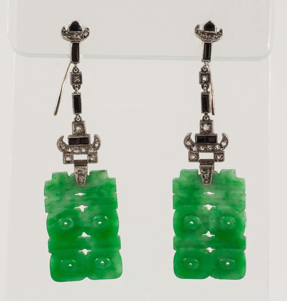 Art Deco Onyx Jade Diamond Platinum Earrings For Sale 1
