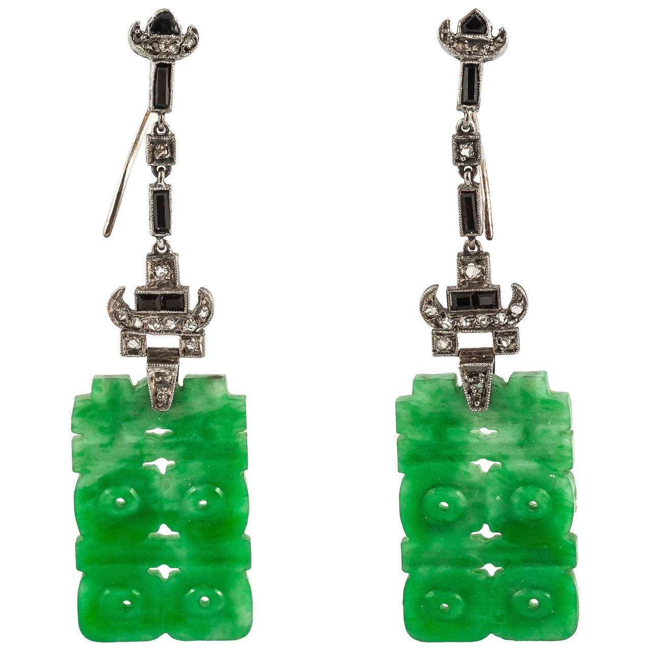 Art Deco Onyx Jade Diamond Platinum Earrings For Sale