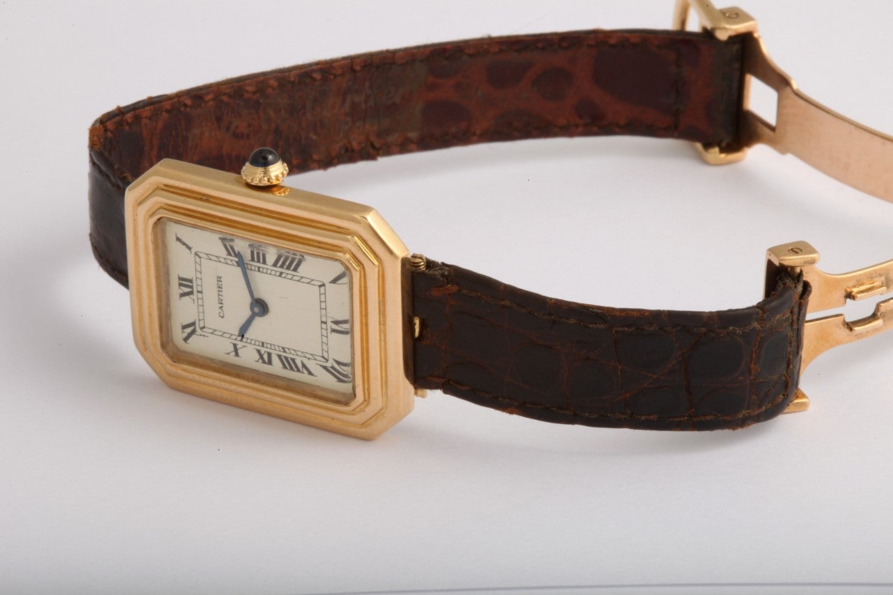 Women's Cartier Yellow Gold Cristallor Rectangular Wristwatch with Cut Corners and Stepped Bezel