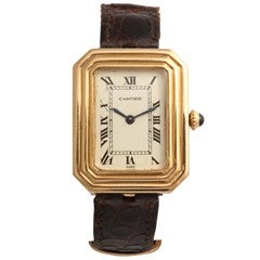Cartier Yellow Gold Cristallor Rectangular Wristwatch with Cut Corners and Stepped Bezel