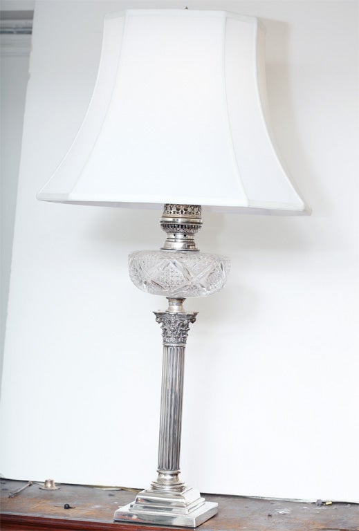 Electrified, silver plated corinthian column oil lamp, England, Ca. 1900; @34