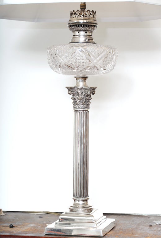 English Electrified Silver Plated Corinthian Column Oil Lamp