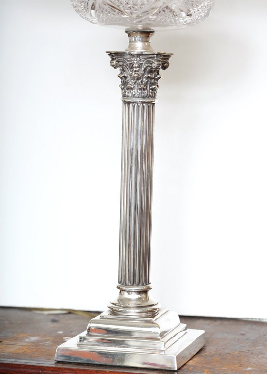Electrified Silver Plated Corinthian Column Oil Lamp In Excellent Condition In New York, NY