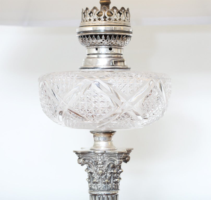 20th Century Electrified Silver Plated Corinthian Column Oil Lamp
