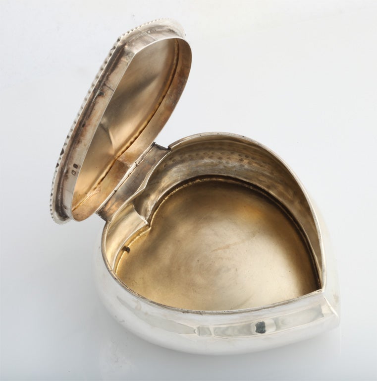Sterling silver, heart-shaped trinkest/jewelry box, Birmingham, England, 1898, Elkington & Co., Ltd. - makers. Reeded border. Inside of box is gilded. @3 1/2