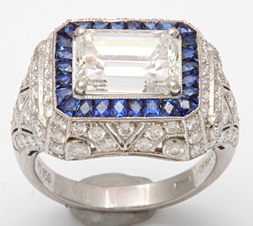 Women's Magnificent Emerald Cut Sapphire Diamond Ring For Sale