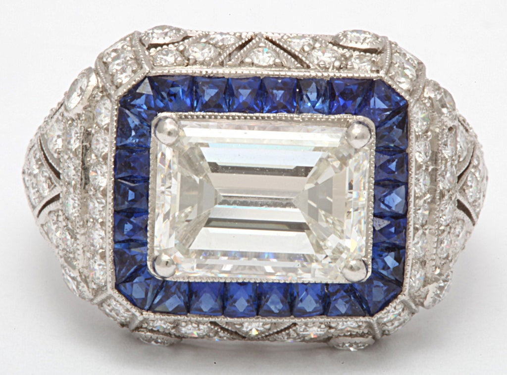 Magnificent Emerald Cut Sapphire Diamond Ring For Sale 2