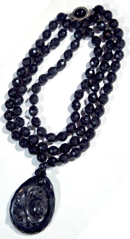 Victorian  Carved  Jet  Floral  High  Relief Pendant