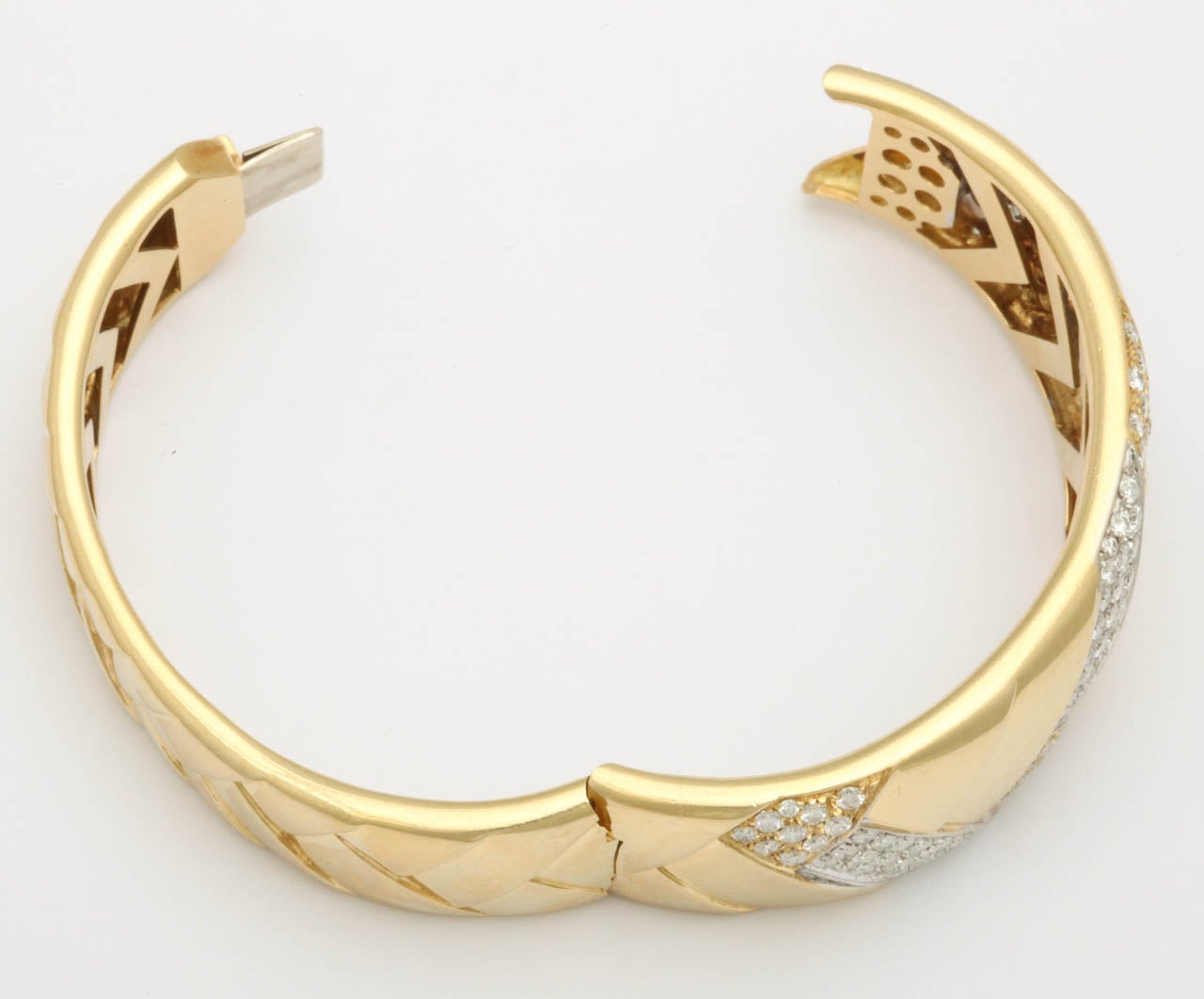 Women's 1980's Diamond & Gold Basketweave Cuff  Bangle Bracelet