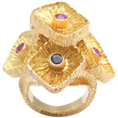 1960s Sapphire Ruby Gold Textured Cocktail Ring