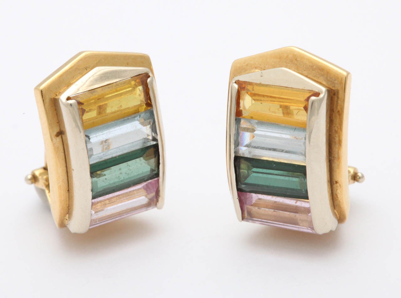 18kt yellow gold rectangular cut citrine and tourmaline and aquamarine and pink kunzite all rectangular cut colored stones clip on earrings with post