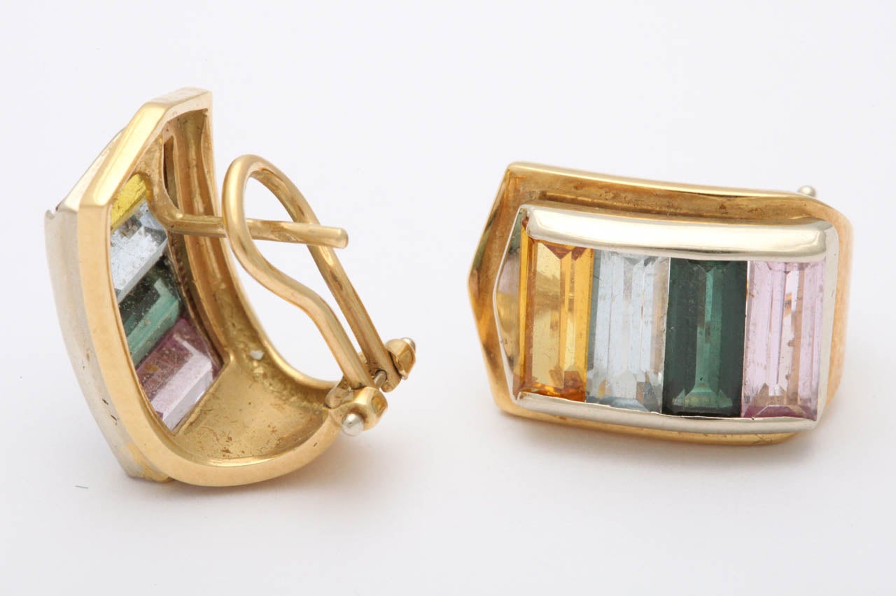 1980's Tourmaline, citrine Aquamarine And pink Kunzite Earclips In Excellent Condition In New York, NY