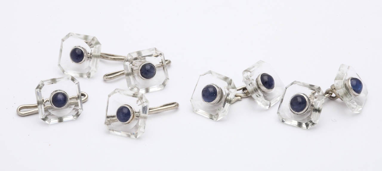 18kt white gold rock crystal and cabochon sapphires cufflinks and stud set complete set circa 1920's complete with 4 studs american made