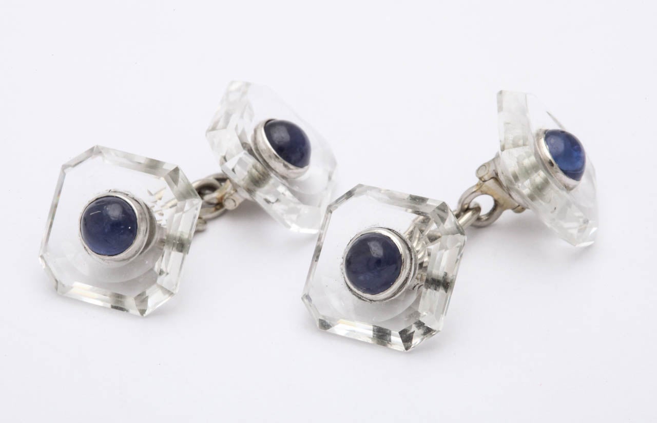 Art Deco ART DECO Rock Crystal And Sapphire Stud Set With Cufflinks