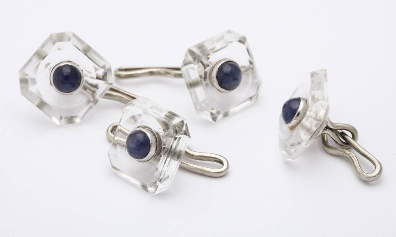 ART DECO Rock Crystal And Sapphire Stud Set With Cufflinks In Excellent Condition In New York, NY