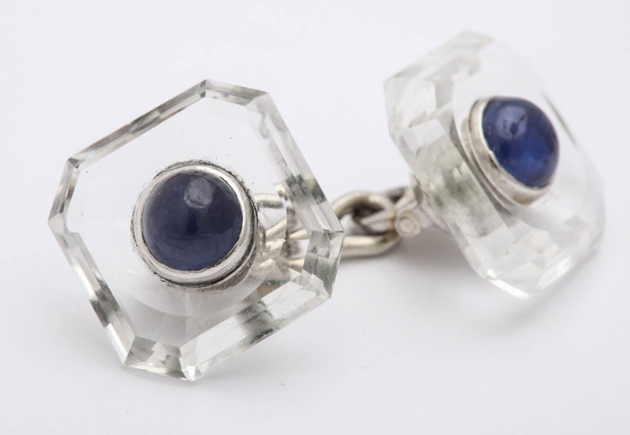ART DECO Rock Crystal And Sapphire Stud Set With Cufflinks 1