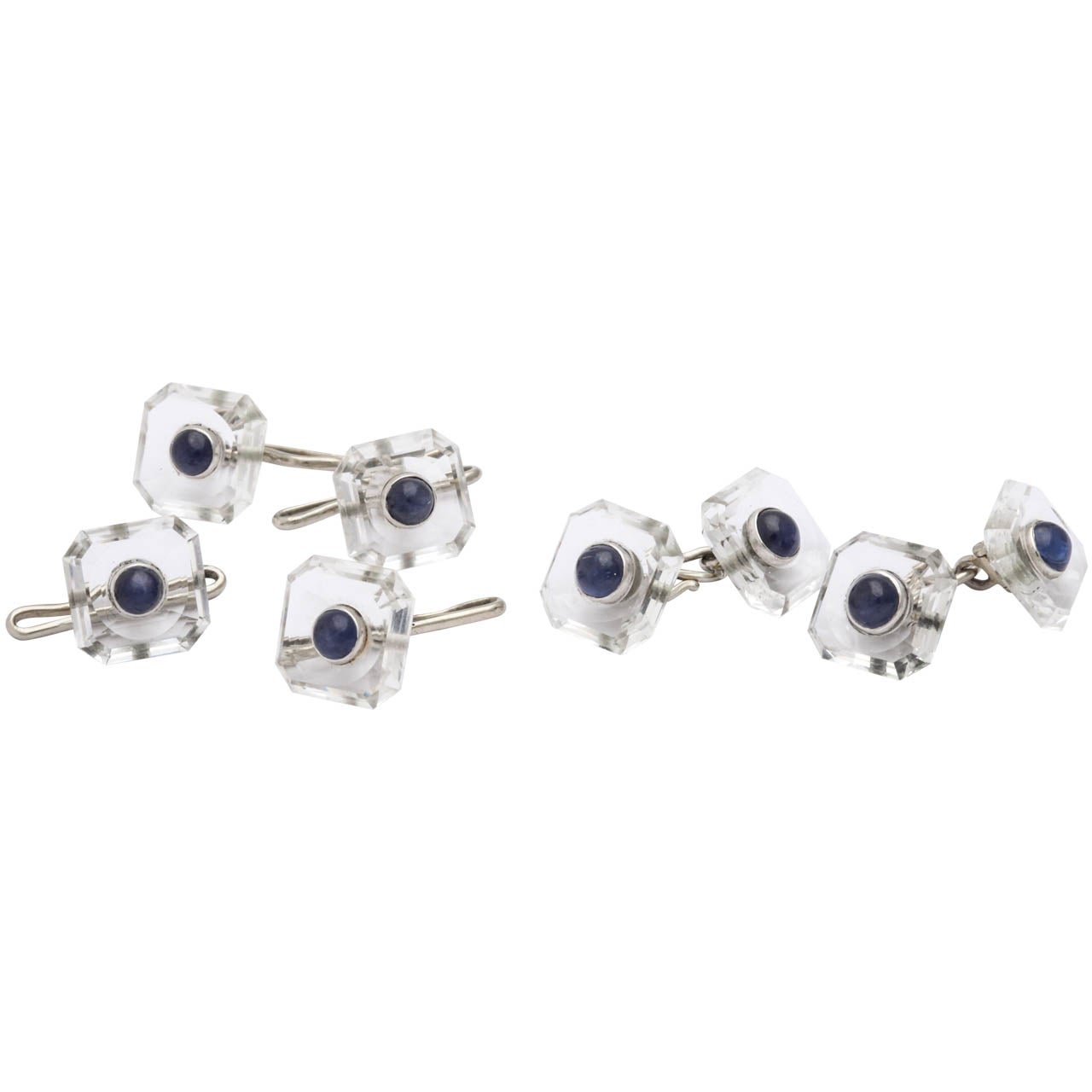 ART DECO Rock Crystal And Sapphire Stud Set With Cufflinks