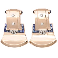 1940
s Square Cut Sapphire And Diamond Buckle Earrings