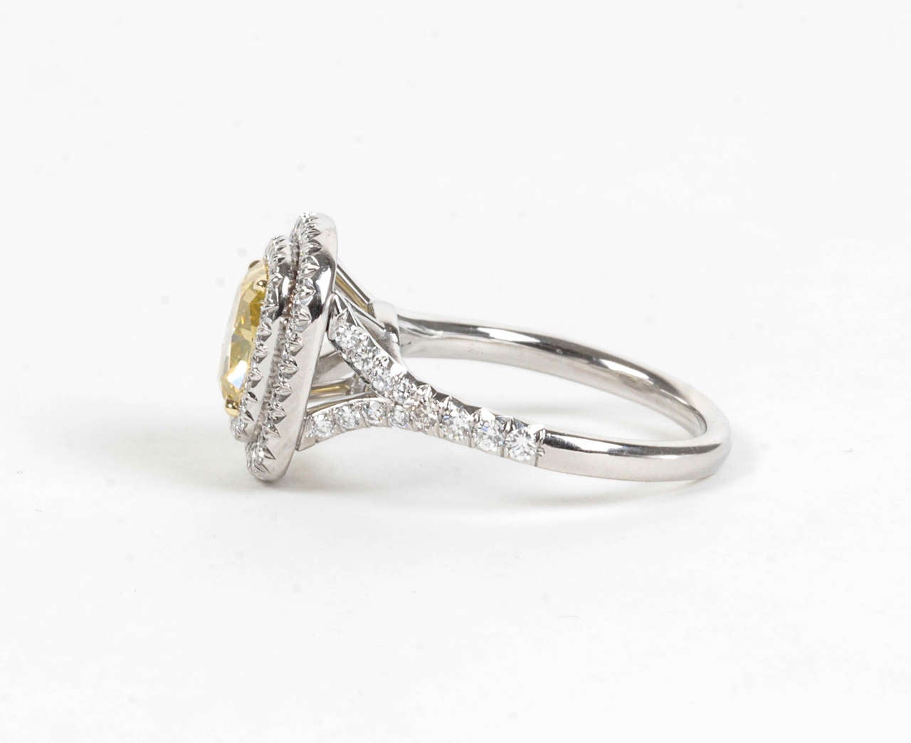 Rare Cushion Cut GIA Certified Vivid Yellow and White Diamond Platinum Ring For Sale 2