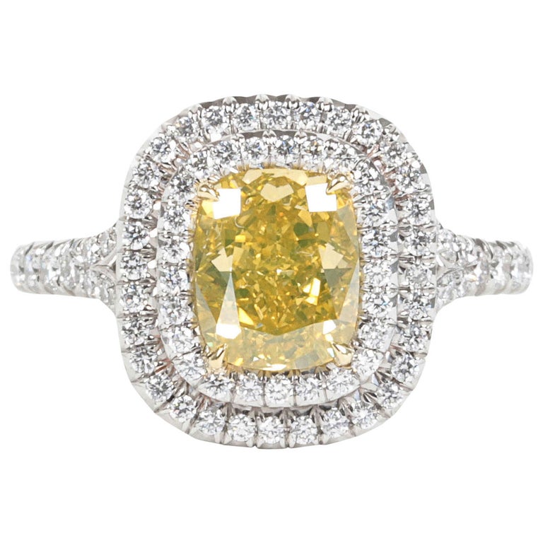 Rare Cushion Cut GIA Certified Vivid Yellow and White Diamond Platinum Ring For Sale