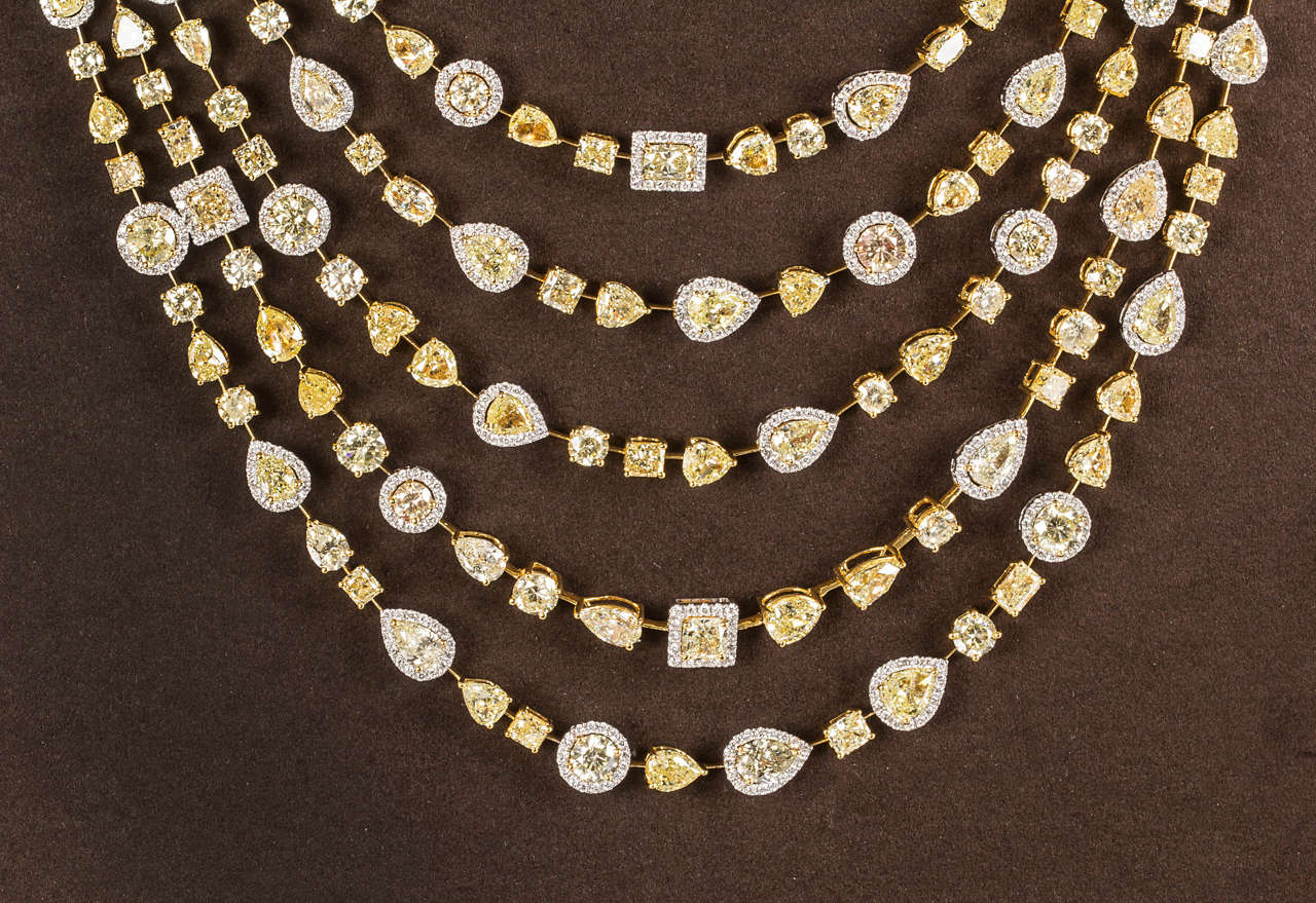 Incredible Multi Shape Yellow and White Diamond Gold Necklace For Sale