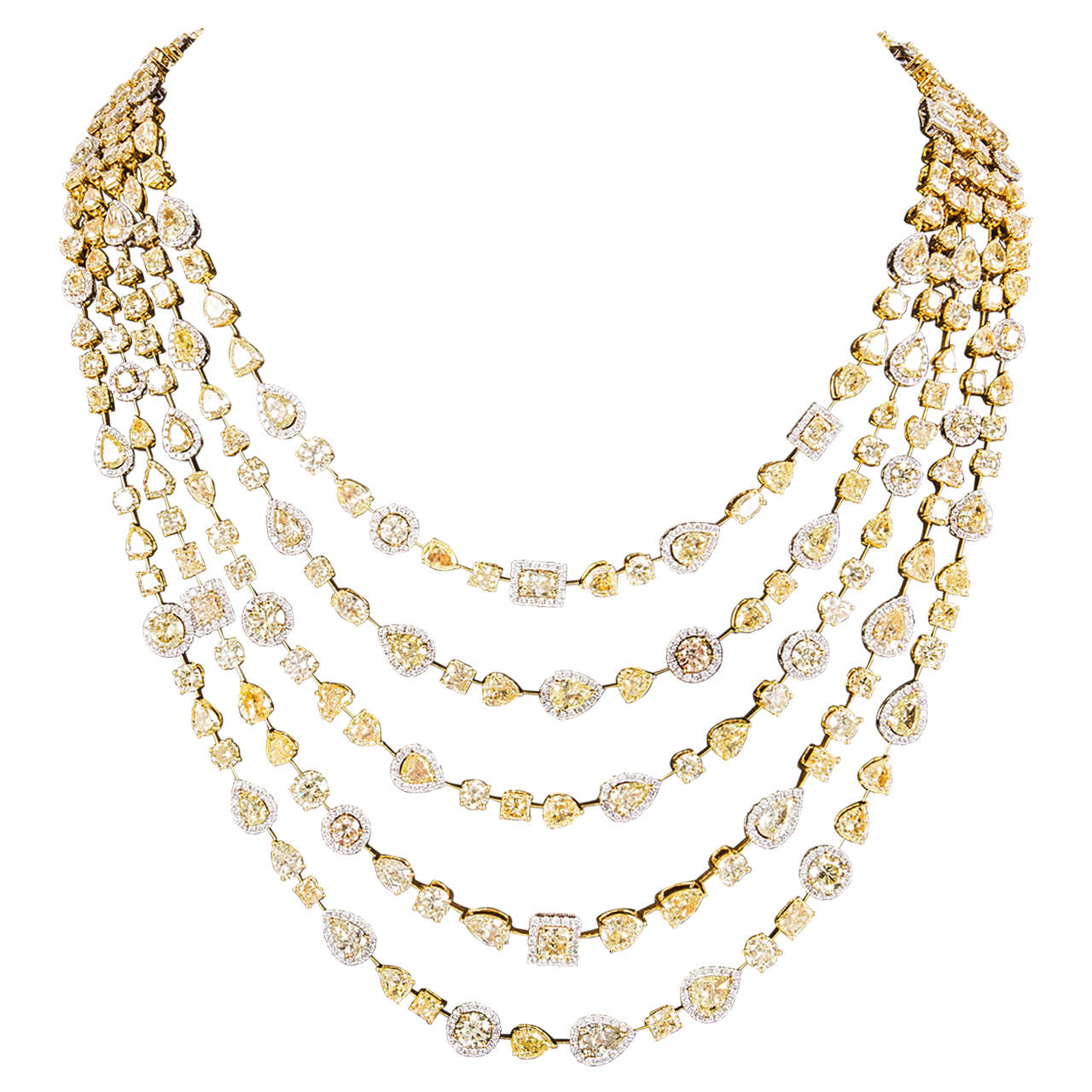 Incredible Multi Shape Yellow and White Diamond Gold Necklace For Sale