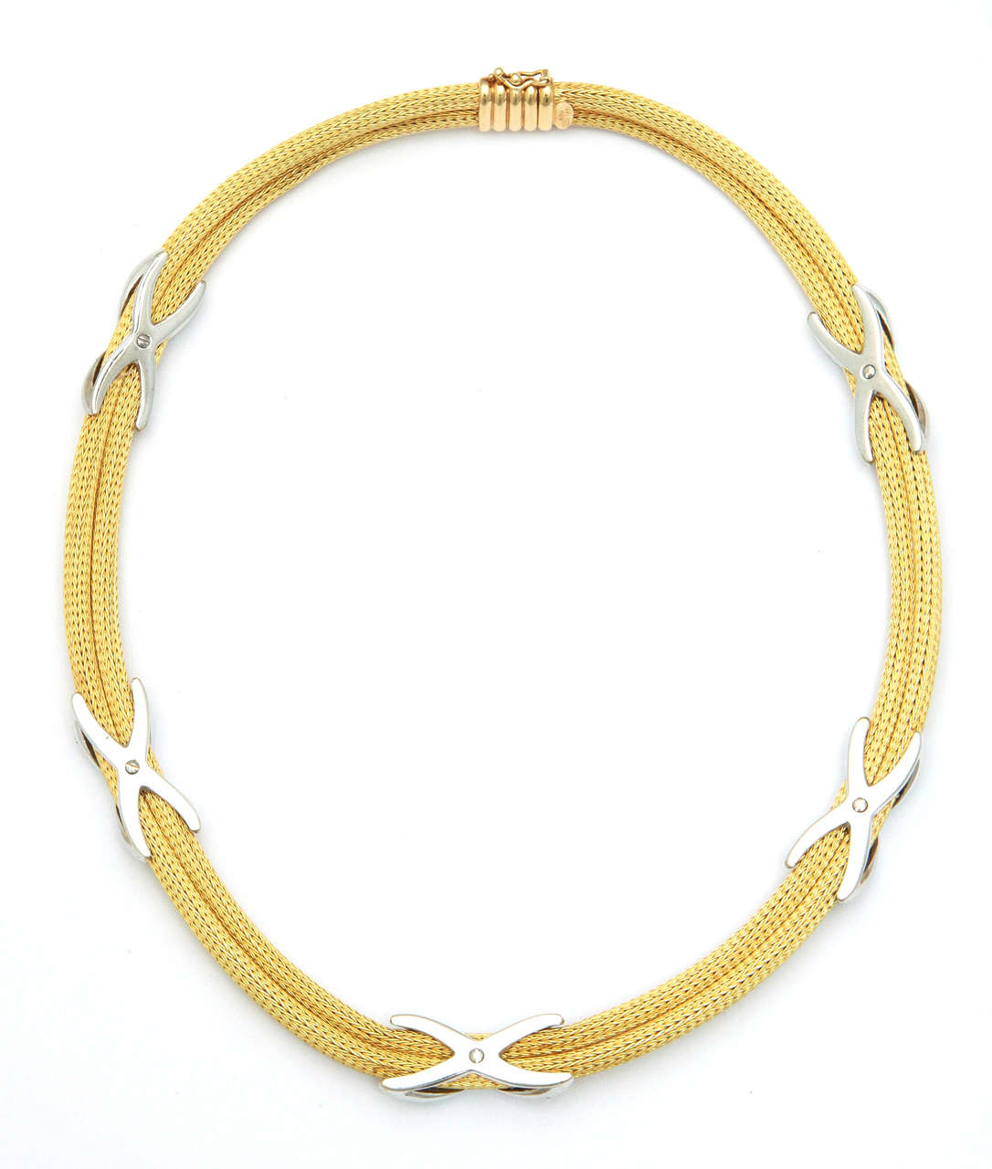 18kt Yellow Gold  double weave Chain  with 3 full cut - pave set  - Diamond - Adornments & 2 unset criss cross elements. Very chic and elegant. Ca 1980.  when you want to be sexy ----but prim & proper.  Signed with Maker's mark but unknown.