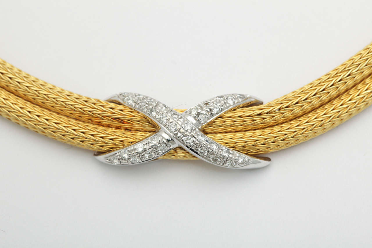 Women's Woven Gold Necklace with Diamond Criss Cross Adornments