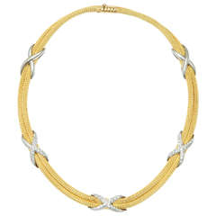 Woven Gold Necklace with Diamond Criss Cross Adornments