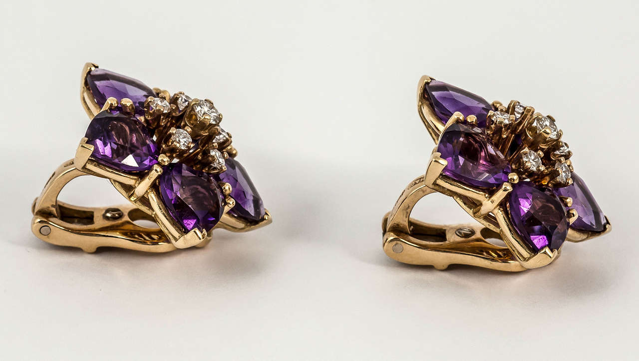 Women's Amethyst Diamond Gold Cluster Earrings