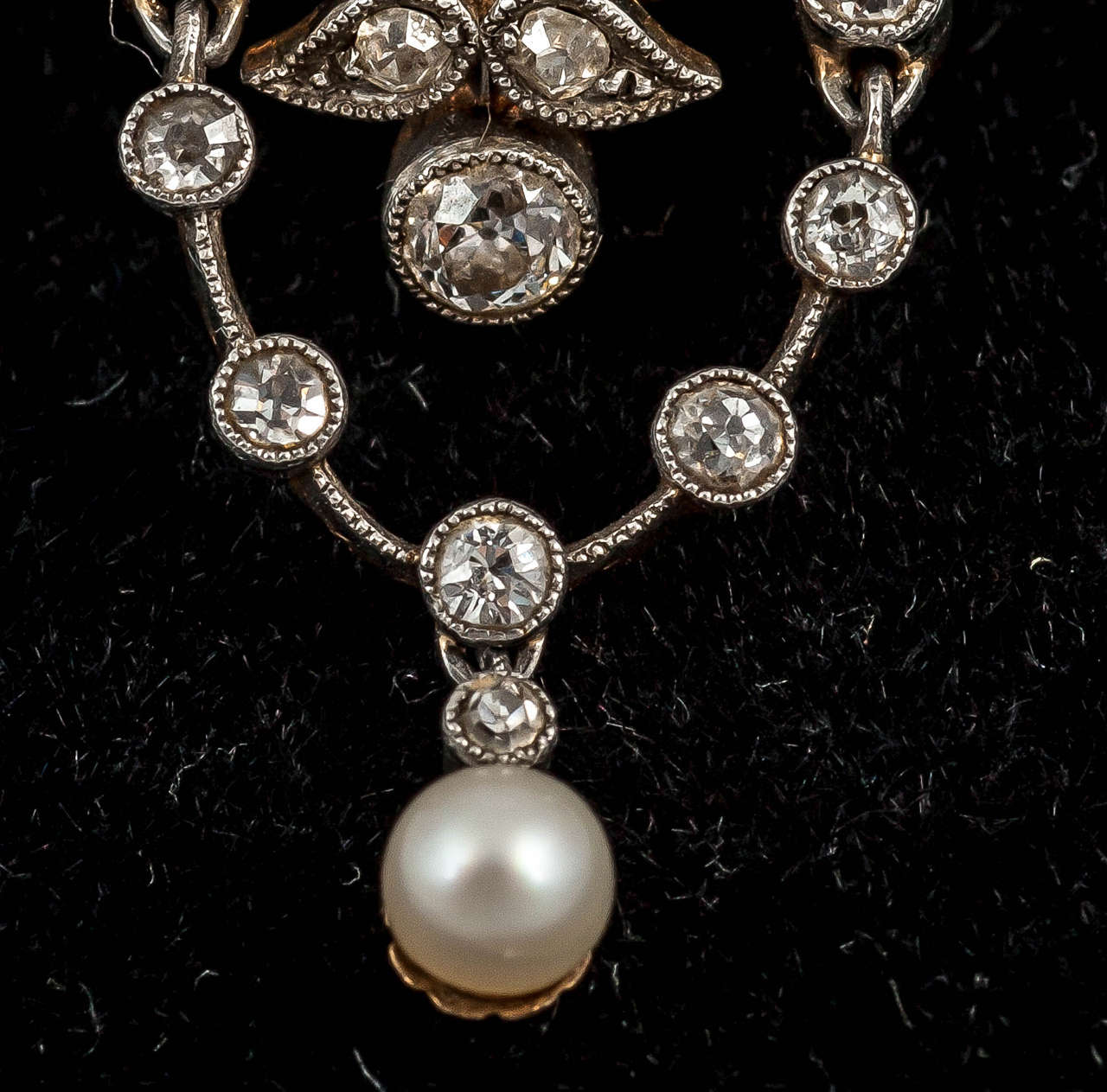 Art Nouveau 19th Century Natural Pearl Diamond Silver Gold Floral Brooch