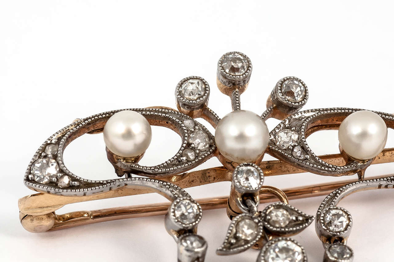 19th Century Natural Pearl Diamond Silver Gold Floral Brooch In Excellent Condition In London, GB