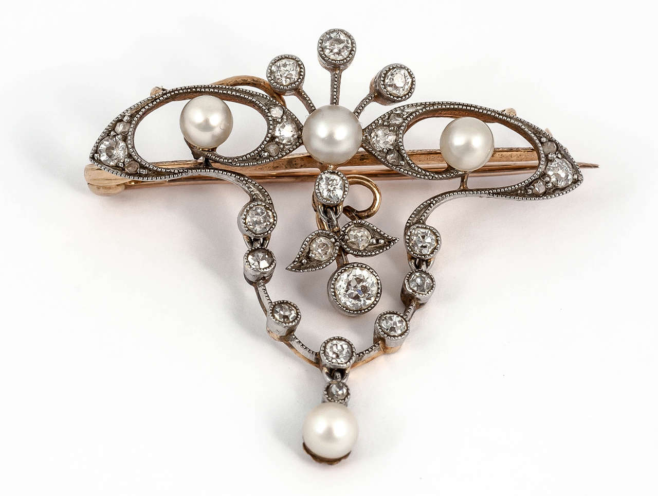 19th Century Natural Pearl Diamond Silver Gold Floral Brooch 1