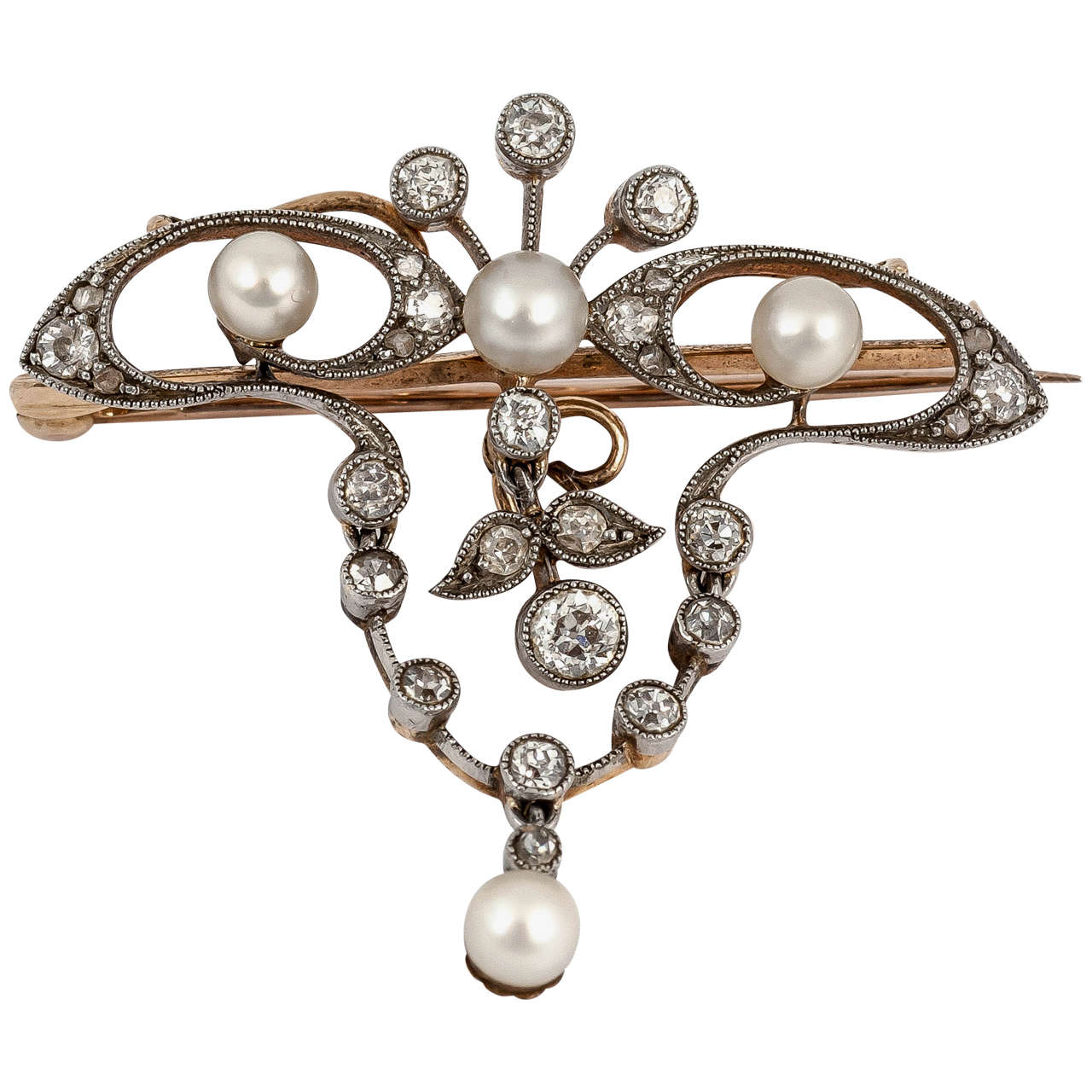 19th Century Natural Pearl Diamond Silver Gold Floral Brooch