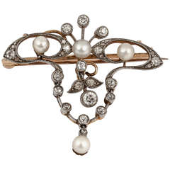 19th Century Natural Pearl Diamond Silver Gold Floral Brooch