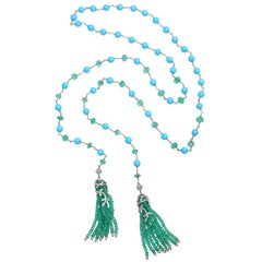 Used Cathy Waterman Emerald & Turquoise Tassel Necklace