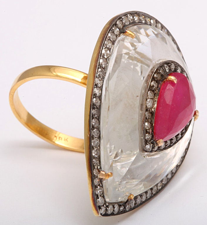 Contemporary Rock Crystal, Ruby, and Diamond Teardrop Ring