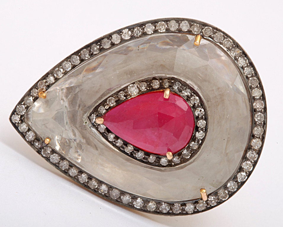 Women's Rock Crystal, Ruby, and Diamond Teardrop Ring
