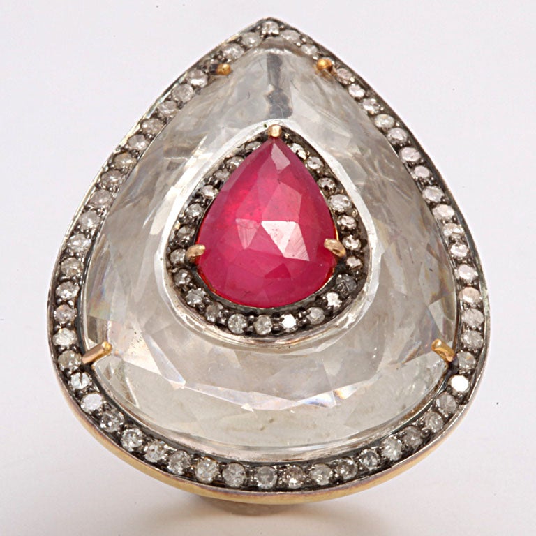 Rock Crystal, Ruby, and Diamond Teardrop Ring 1