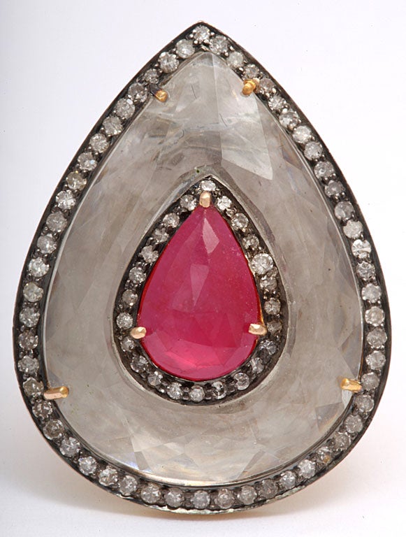 Rock Crystal, Ruby, and Diamond Teardrop Ring 2