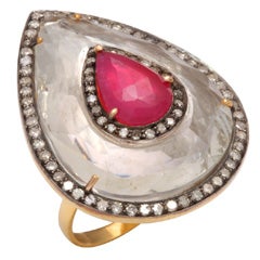 Rock Crystal, Ruby, and Diamond Teardrop Ring