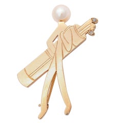 RUSER Rare Pearl Diamond Gold Golfer Brooch