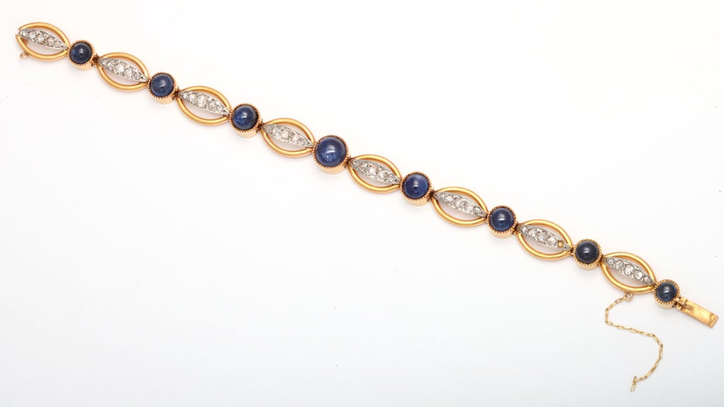 Victorian Rose Cut Diamond and Cabochon Sapphire Gold Bracelet In Good Condition For Sale In Miami Beach, FL