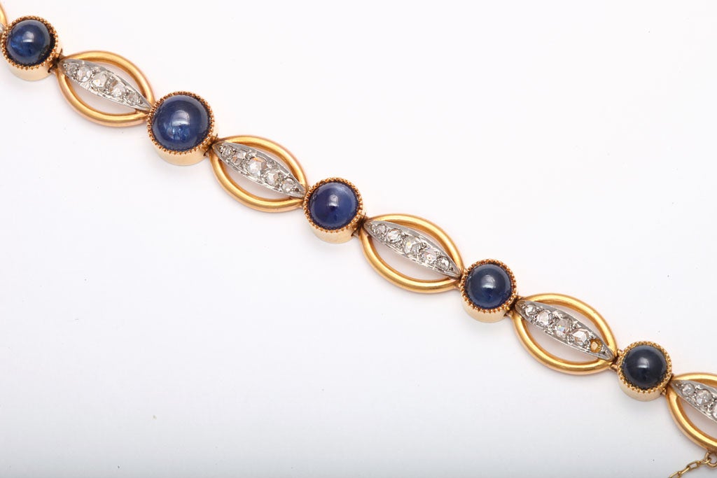 Women's Victorian Rose Cut Diamond and Cabochon Sapphire Gold Bracelet For Sale