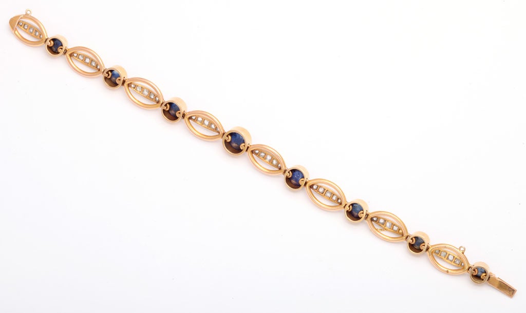 Victorian Rose Cut Diamond and Cabochon Sapphire Gold Bracelet For Sale 1