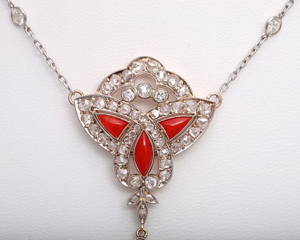 Women's Art Deco Coral and Diamond Drop Pendant Necklace on Diamond Chain For Sale