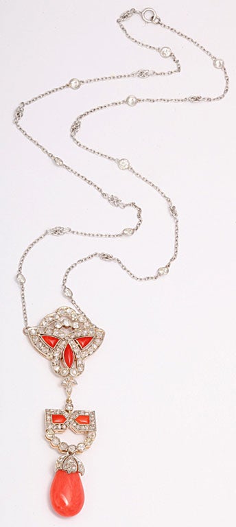 Art Deco Coral and Diamond Drop Pendant Necklace on Diamond Chain For Sale 1