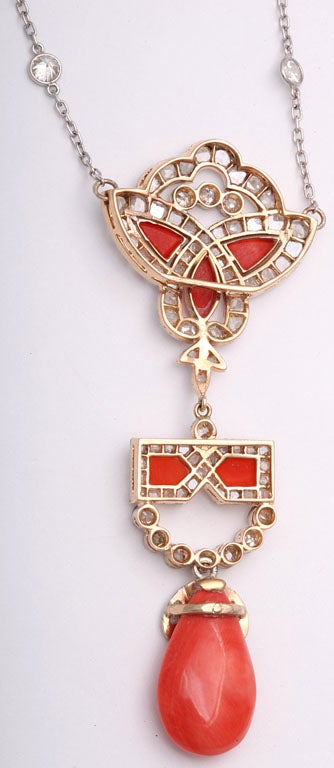 Art Deco Coral and Diamond Drop Pendant Necklace on Diamond Chain For Sale 2