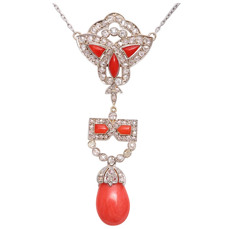 Art Deco Coral and Diamond Drop Pendant Necklace on Diamond Chain For Sale