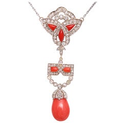 Art Deco Coral and Diamond Drop Pendant Necklace on Diamond Chain